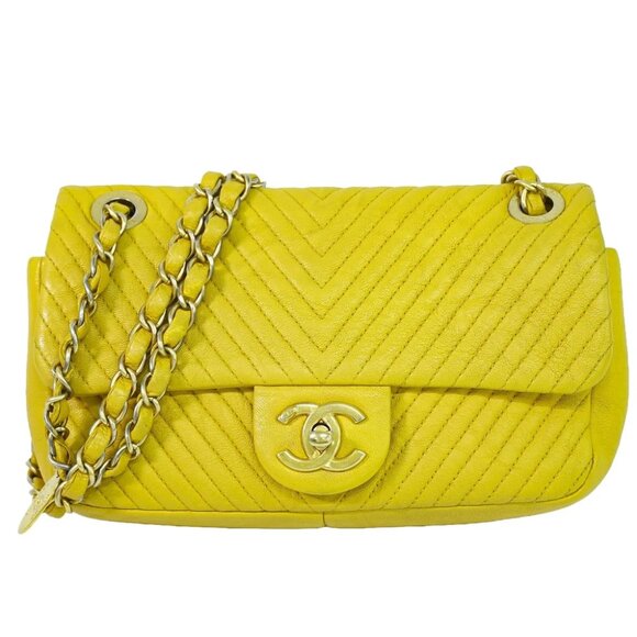 CHANEL CC V Stitch Leather Chain Shoulder Crossbody Bag Yellow Gold - Picture 1 of 10